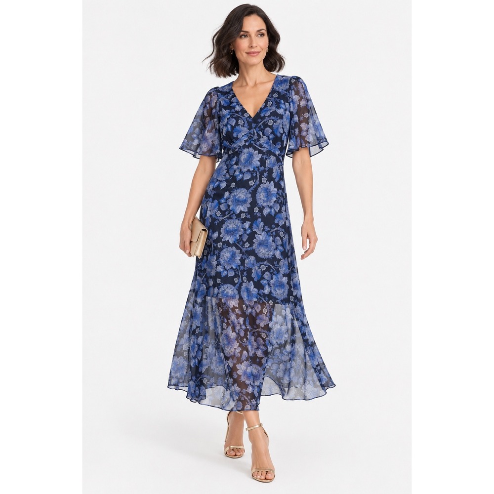 New Tommy Hilfiger Blue Floral Chiffon Lurex Maxi Dress V-Neck Flutter Sleeve 2